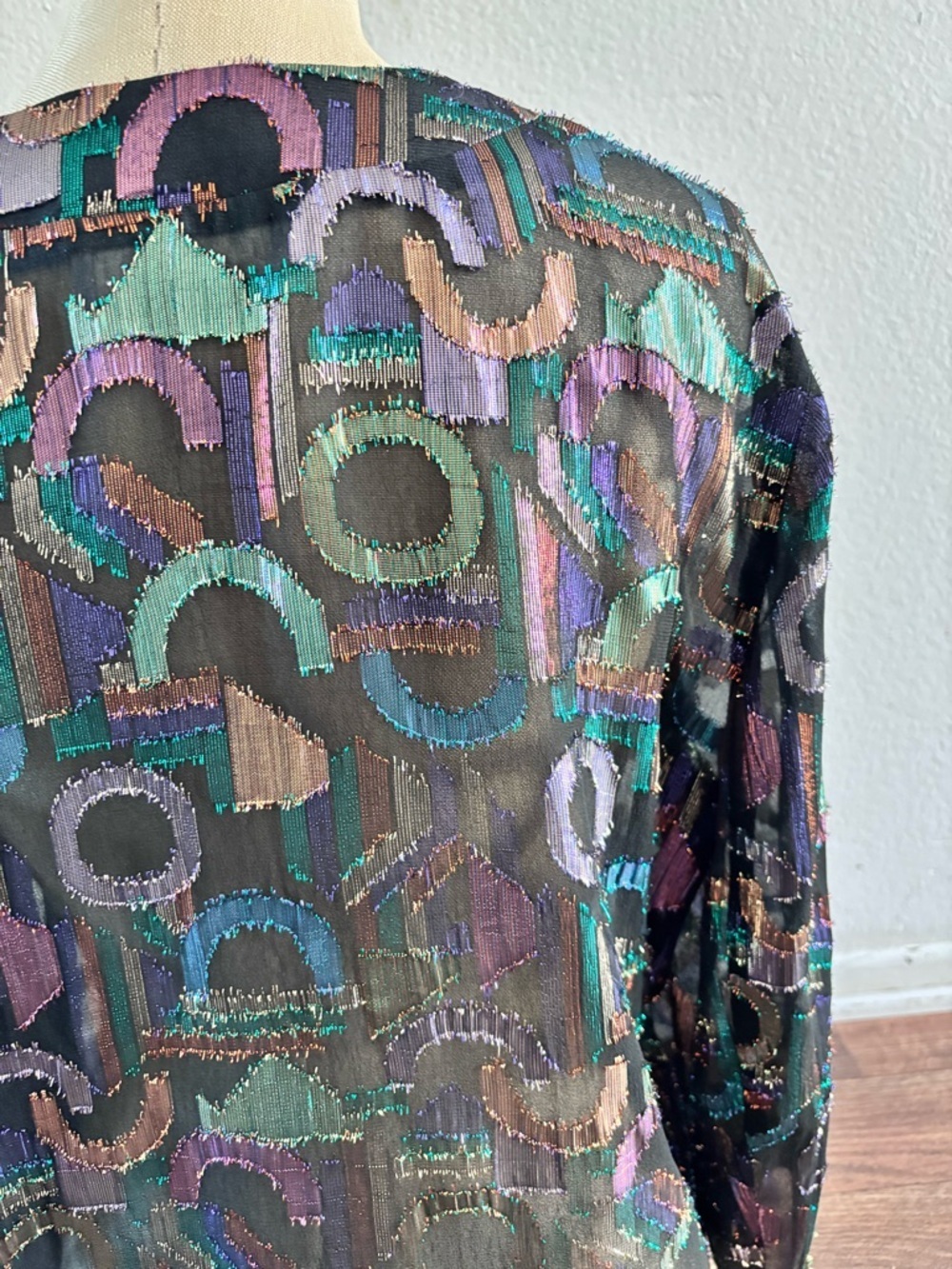 80s VTG A.C. Sport Multicolor Retro Short/Cropped Metallic Sheer Jacket Blouse - Picture 9 of 10